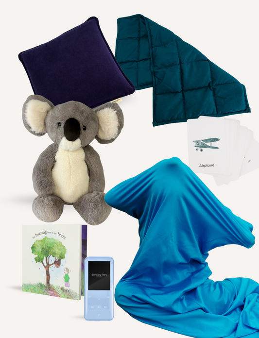 The Play Way presents the "Regulation + Behaviour Professional Development Package," a curated set of items including a navy pillow, teal quilt, gray koala plush, airplane-themed cards, children's brain development book, Sleepy Time device, and blue fabric to aid emotional regulation.