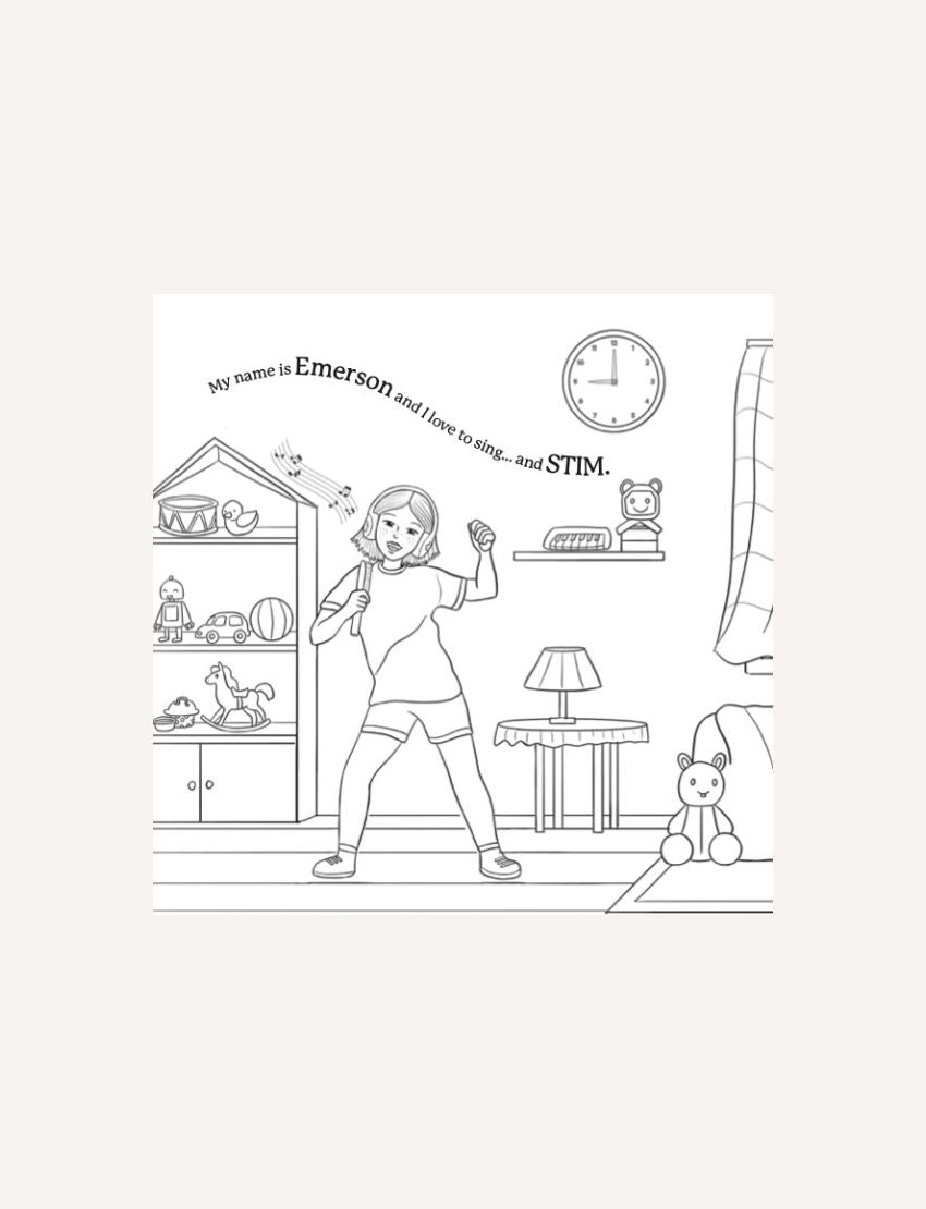 Illustration from 'Stims, School and Me' coloring book, showing girls engaged in different activities. Themed coloring.