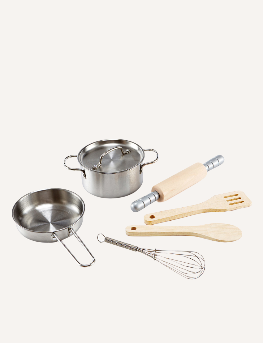 Hape kids play kitchen accessories: stainless steel pot, pan, whisk, rolling pin, and wooden spatulas.