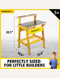 Stanley Jr. yellow wooden workbench for children, showing dimensions and 'Little Builders'.