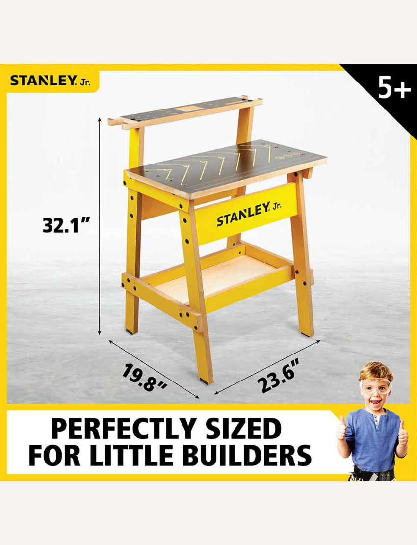 Stanley Jr. yellow wooden workbench for children, showing dimensions and 'Little Builders'.