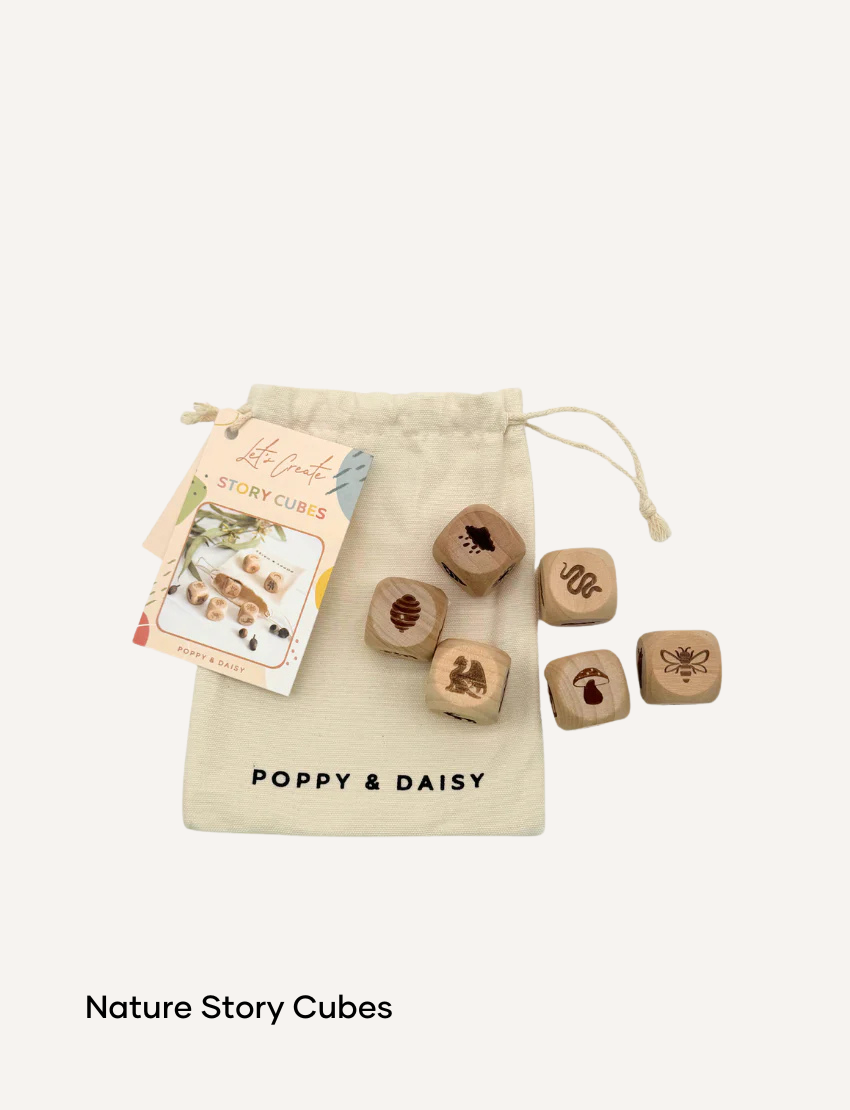 Poppy & Daisy Nature Story Cubes with wooden cubes featuring nature icons.