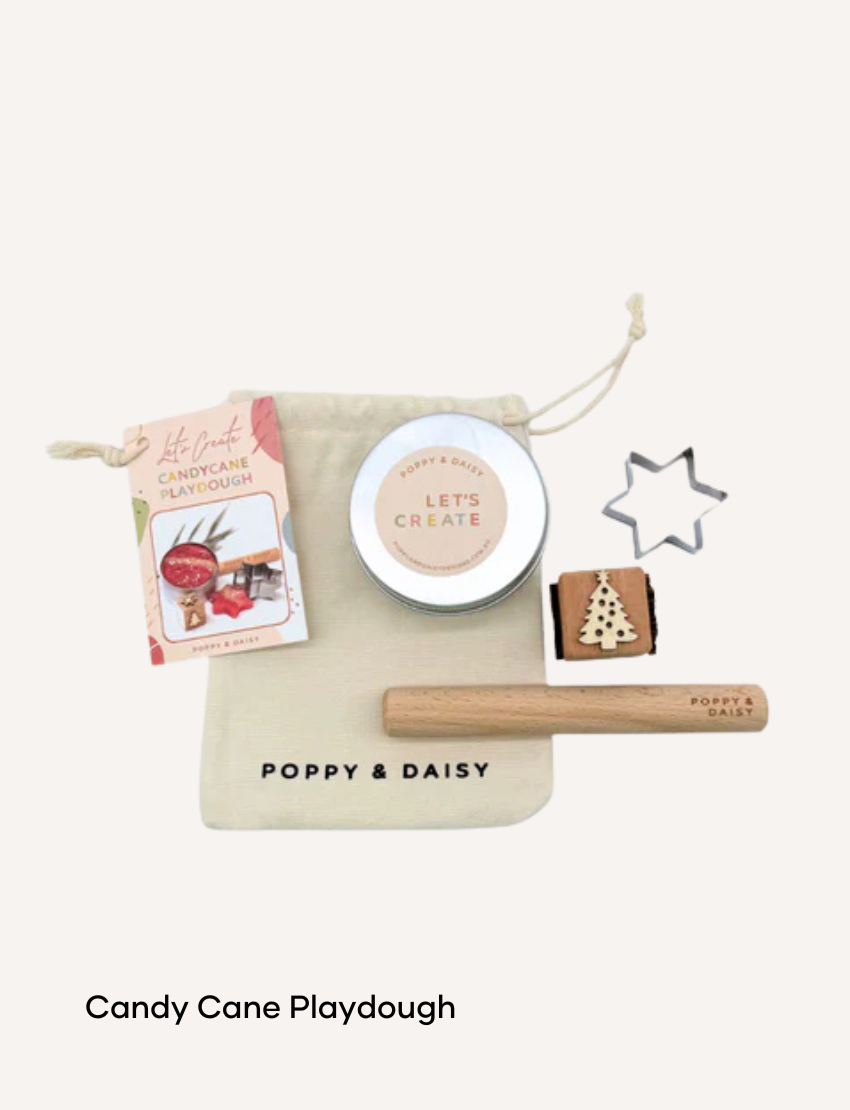 Poppy & Daisy Candy Cane Playdough DIY kit with stamp, cutter, and instructions.