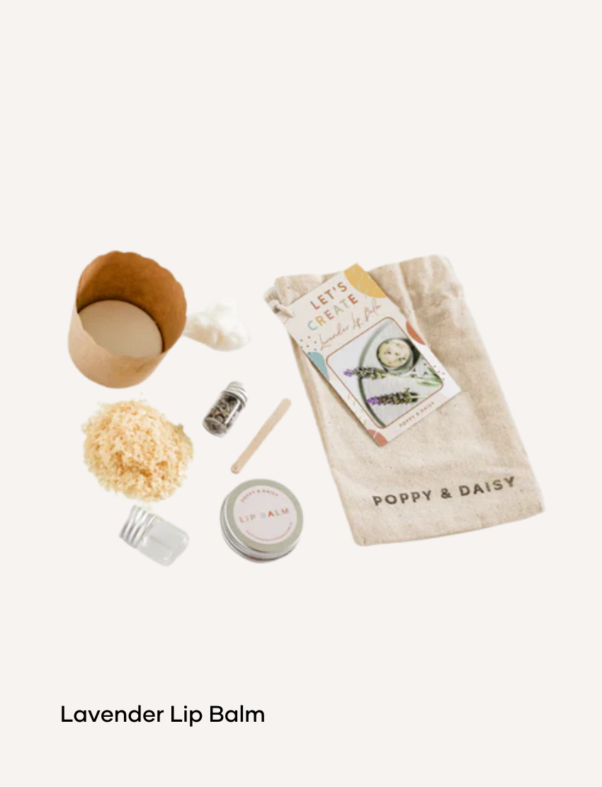 Poppy & Daisy Lavender Lip Balm DIY kit with ingredients and instructions.