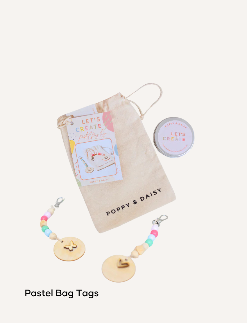 Poppy & Daisy Pastel Bag Tags DIY kit with wooden tags, beads, and string.