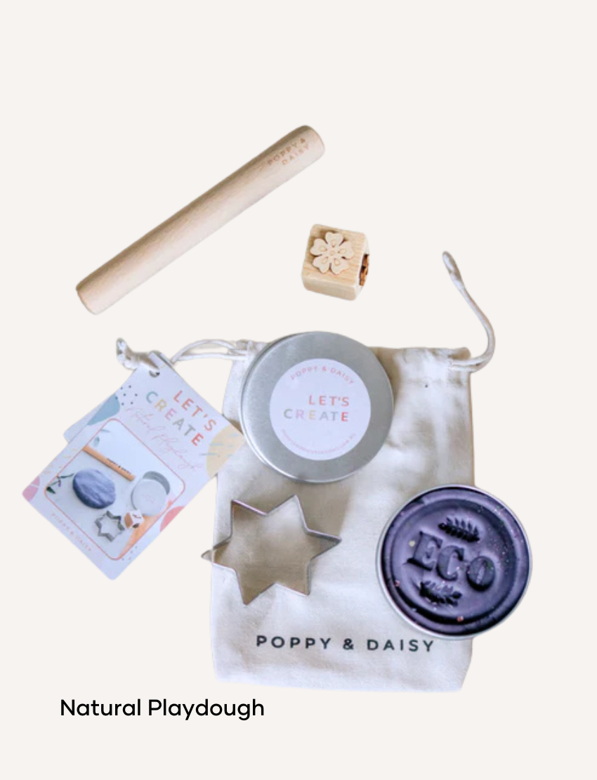 Poppy & Daisy Natural Playdough kit with wooden tools, stamp, and eco-friendly dough.