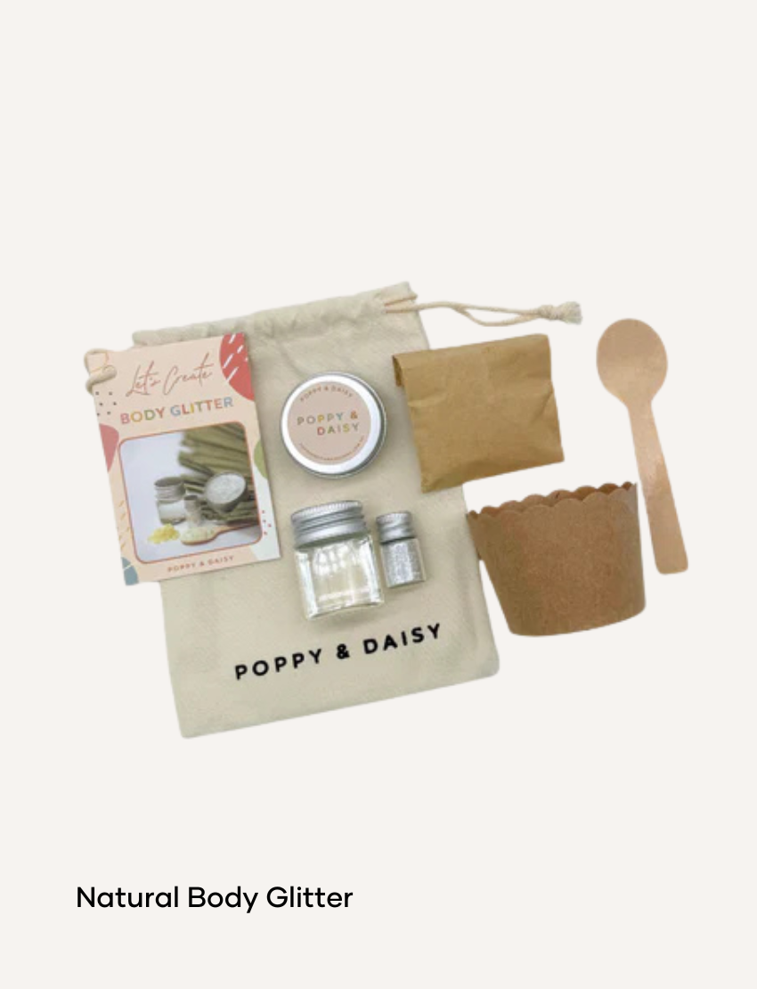 Poppy & Daisy Natural Body Glitter DIY kit with glitter, jars, and instructions.