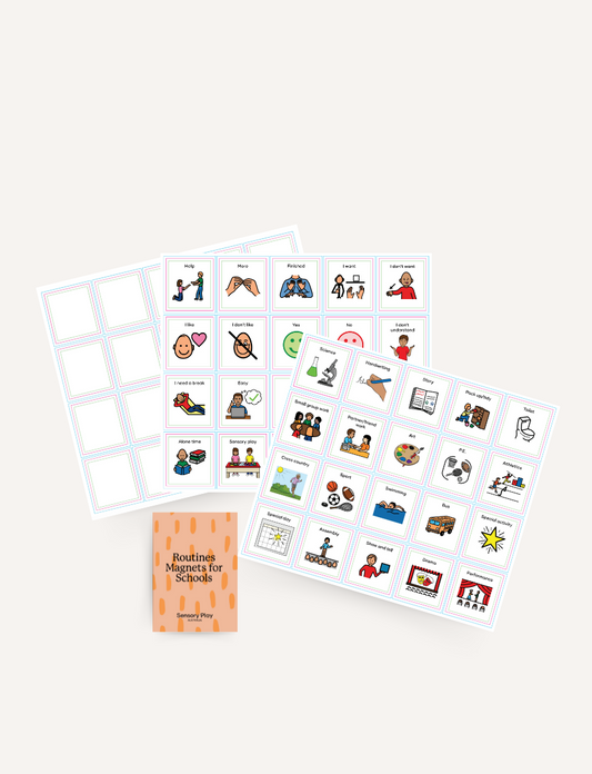 Three illustrated School Routine Magnet Set sheets by Sensory Play Australia, with classroom routines and blanks, are shown next to a small orange "Routines Magnets for Schools" booklet—ideal for visual learners.