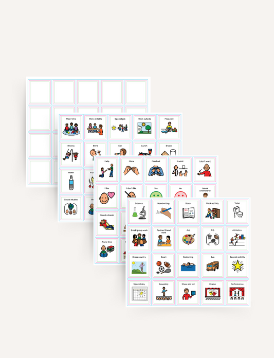 Three illustrated School Routine Magnet Set sheets by Sensory Play Australia, with classroom routines and blanks, are shown next to a small orange "Routines Magnets for Schools" booklet—ideal for visual learners.