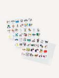 The Everyday Routines Magnet Set from Sensory Play Australia includes three sheets of vibrant stickers, ideal for crafting visual schedules or enhancing routine magnets. These stickers showcase colorful illustrations of food, household items, activities, and travel, all arranged neatly in rows on a white background.