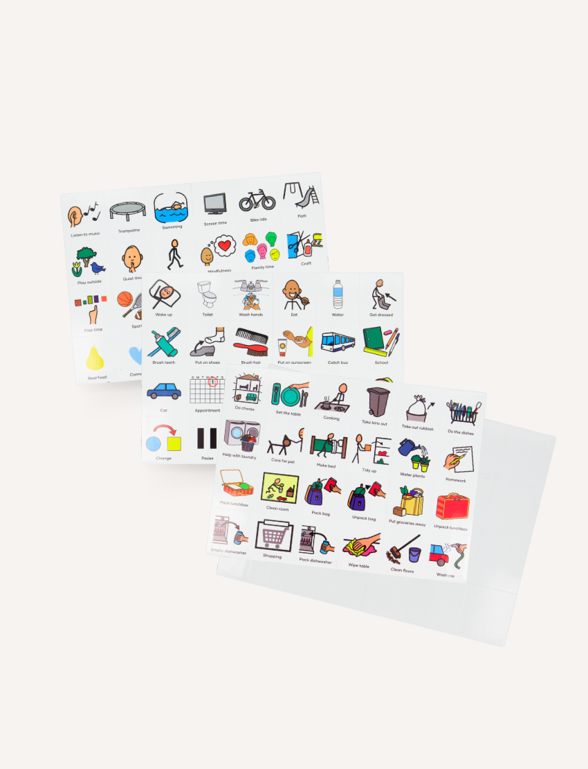 The Everyday Routines Magnet Set from Sensory Play Australia includes three sheets of vibrant stickers, ideal for crafting visual schedules or enhancing routine magnets. These stickers showcase colorful illustrations of food, household items, activities, and travel, all arranged neatly in rows on a white background.