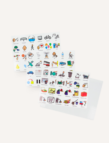 The Everyday Routines Magnet Set from Sensory Play Australia includes three sheets of vibrant stickers, ideal for crafting visual schedules or enhancing routine magnets. These stickers showcase colorful illustrations of food, household items, activities, and travel, all arranged neatly in rows on a white background.