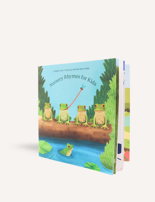 The Sensory Play Australia book, "Nursery Rhymes for Kids Storybook," features a cover with four frogs on a log surrounded by greenery and a frog swimming in a pond below. The text highlights "Connecting through rhyme and song for language development.