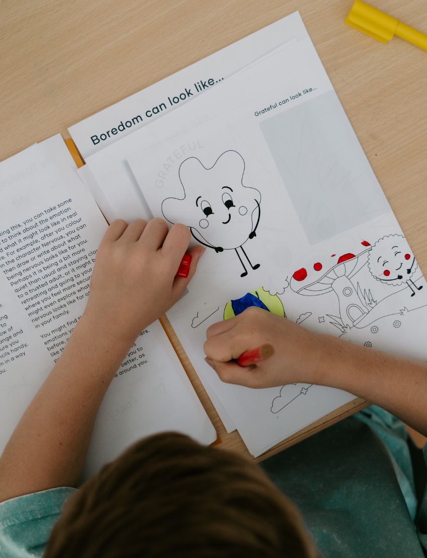 The "Emotions Buddy Naming Feelings Set" by Sensory Play Australia is a colorful box set for children, featuring an empathy-building emotions check-in chart, playing cards labeled "Emotions," a guidebook, and illustrated emotion-themed materials. The packaging is decorated with vibrant rainbow designs.