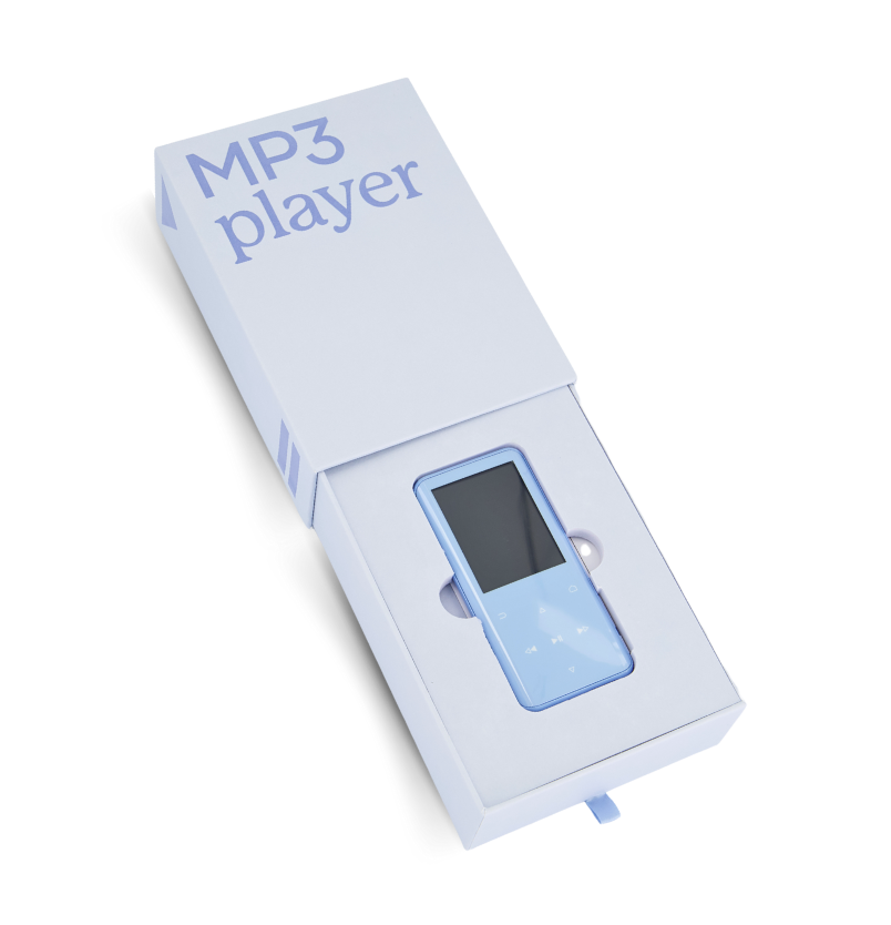 Light blue Sensory Play Australia MP3 player presented in its white box packaging, open to reveal the device.