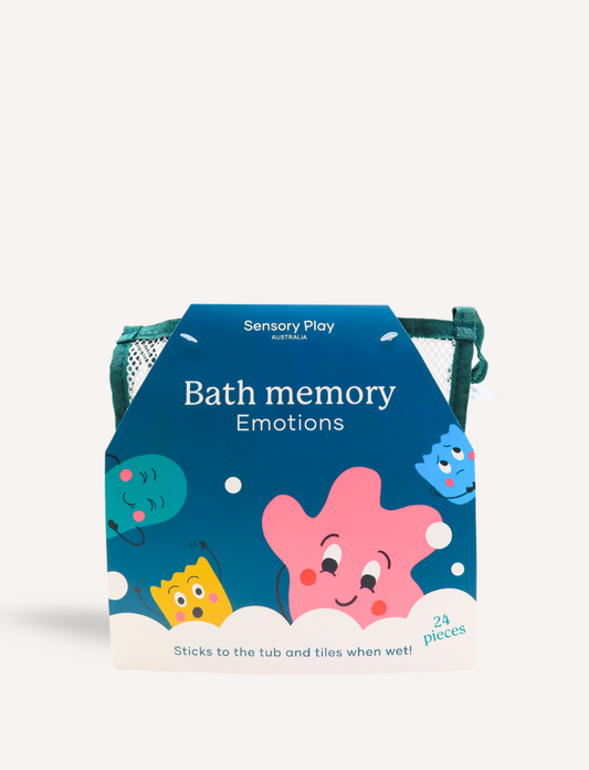The "Bath Memory: Emotions" package by Sensory Play Australia offers fun learning. The blue packaging, adorned with colorful cartoon faces, contains 24 pieces that stick to the tub and tiles when wet, making emotions bath time both enjoyable and educational.