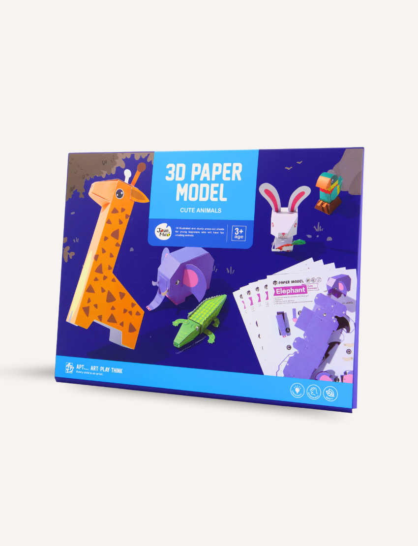 A box of a 3D Paper Model kit labeled "3D Paper Model - Cute Animals" by Jar Melo for ages 3+. The box features images of an assembled giraffe, elephant, crocodile, and rabbit, along with sheets for assembly. The predominantly blue packaging is adorned with illustrations and displayed model sheets.