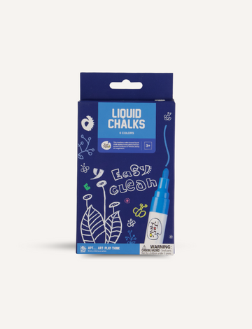 A box of liquid chalk markers from Jar Melo, labeled "Liquid Chalk Markers," comes in blue packaging adorned with playful illustrations of leaves and doodles. It promises "Easy Clean" functionality and is designed for children aged 3 and up. A warning label is also present on the bottom right corner.