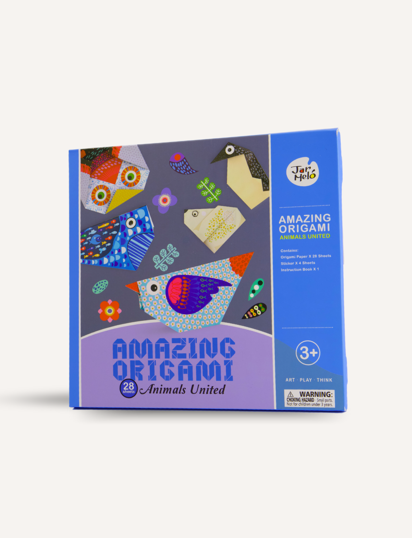 A blue and purple box features the "Amazing Origami - Animals United" kit by Jar Melo. The box showcases colorful animal origami examples and includes 28 pre-printed sheets, an instruction book, and is suitable for ages 3 and up. It also contains a choking hazard warning.