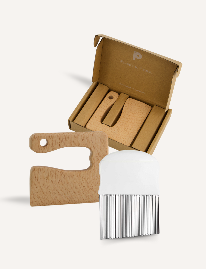 The Play Way's Sensory Friendly Food Handling Kit: Wooden wavy cutter and metal food comb, aiding fine motor skill development and food handling.