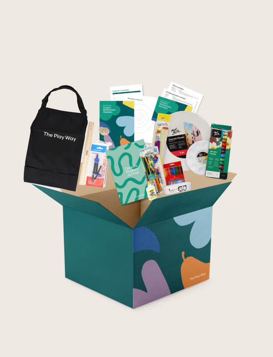 The Creative Mindfulness: Mandalas Program by The Play Way includes a vibrant open box with markers, colored pencils, notebooks, paint, a tote bag, and crafting materials. It has abstract green, purple, and orange patterns with "The Play Way" text.