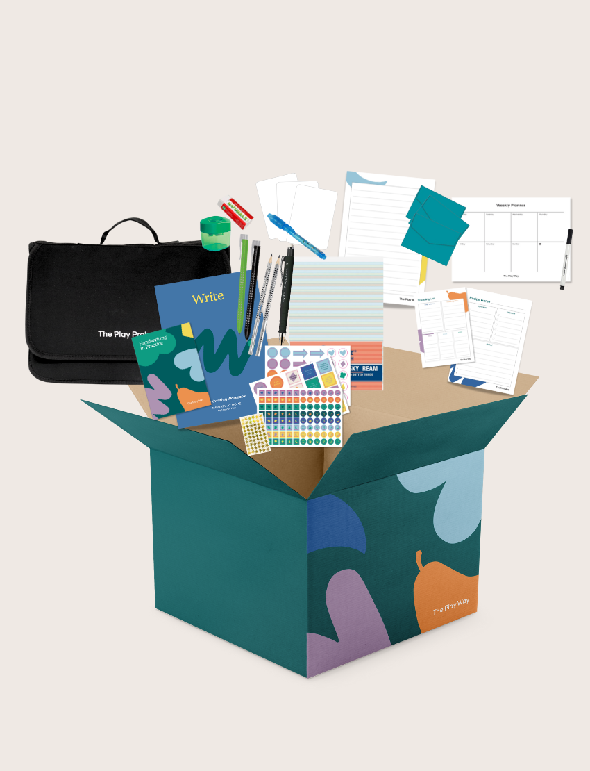 The Therapy At Home Handwriting in Practice Program includes a green and blue box with notebooks, pens, sticky notes, stickers, a pencil sharpener, planner sheets, a black carrying case, and a handwriting workbook for effective practice.
