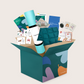 The Yoga & Mindfulness Program by Therapy At Home features an open teal box with abstract designs, holding a yoga mat, teal cushion, books, cards, and small items—perfect for home yoga and mindfulness—displayed upright against a simple background.