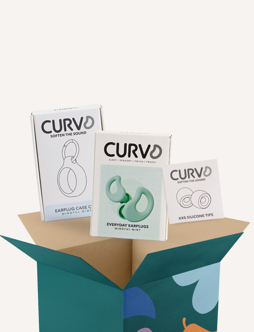 The Play Way Curvd Earplugs Set packaging: mint-colored earplugs, case, and silicone tips spilling from a teal box for sensory regulation.