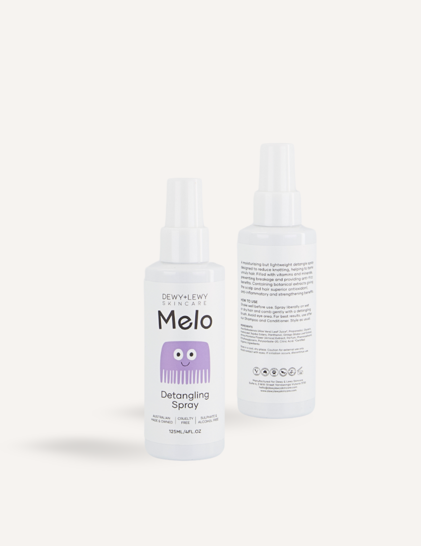 Dewy + Lewy Skin Care Melo Detangling Spray: Two bottles of detangling spray with cute octopus and comb graphics.