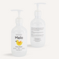 Two pump bottles of Melo Body Wash featuring a yellow duck illustration on the label. One bottle displays the front label with the product name 'Melo Body Wash' and a capacity of 250ml, while the other shows the back label with product details and instructions in black text.