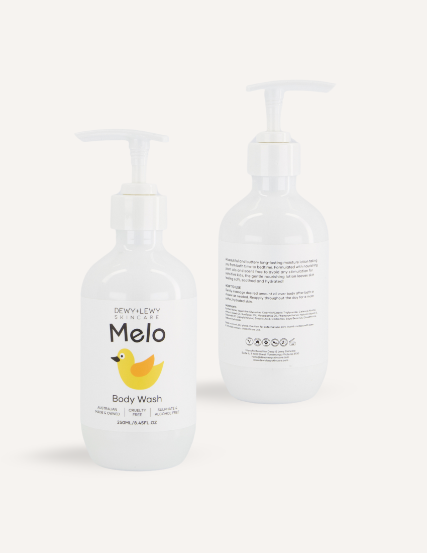 Dewy+Lewy Skincare Melo Body Wash bottles, white pump bottles featuring a yellow duckling.
