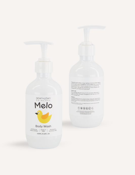 Two pump bottles of Melo Body Wash featuring a yellow duck illustration on the label. One bottle displays the front label with the product name 'Melo Body Wash' and a capacity of 250ml, while the other shows the back label with product details and instructions in black text.