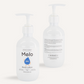 Two white pump bottles of Melo's Melo Body Lotion are shown. The front bottle displays the product name and a blue droplet logo, while the back bottle lists the ingredients and usage instructions. Both 250ml/8.45fl oz bottles are ideal for sensitive skin and proudly cruelty-free.