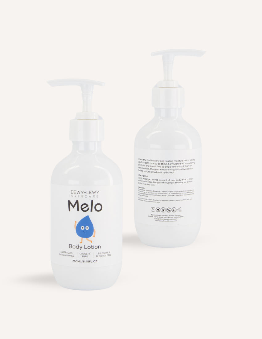 Dewy+Lewy Skincare Melo Body Lotion bottles, white pump bottles with a blue droplet character.