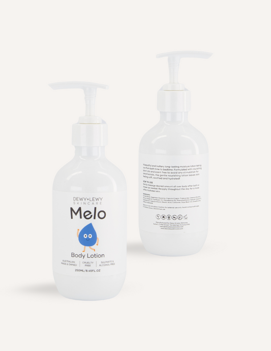 Two white pump bottles of Melo's Melo Body Lotion are shown. The front bottle displays the product name and a blue droplet logo, while the back bottle lists the ingredients and usage instructions. Both 250ml/8.45fl oz bottles are ideal for sensitive skin and proudly cruelty-free.