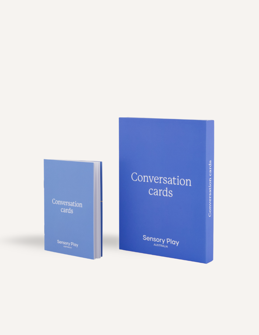 A blue box labeled "Conversation Cards Set in Box" with the text "Sensory Play Australia" at the bottom, designed to enhance emotional intelligence.