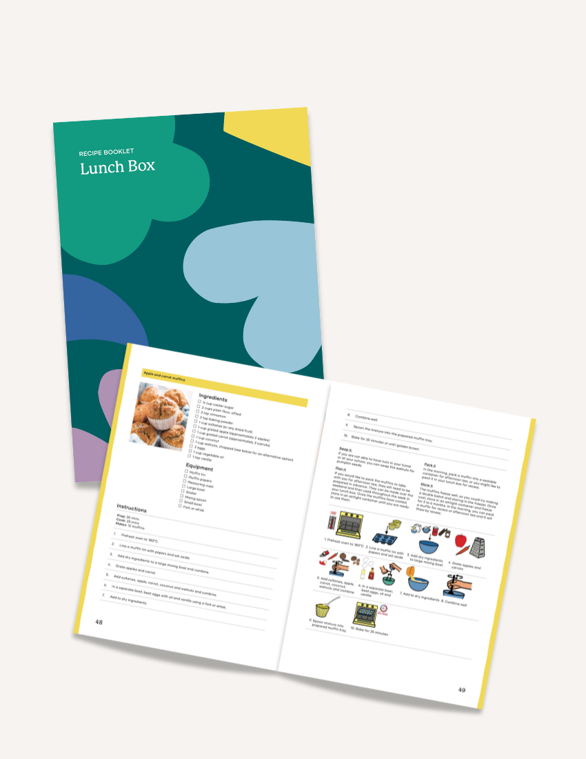 The Play Way Lunch Box Recipe Booklet, open to a muffin recipe, therapist-designed for fun cooking & new food exploration.