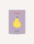 A notebook with a lavender cover featuring an illustration of a yellow pear at its center. The word 