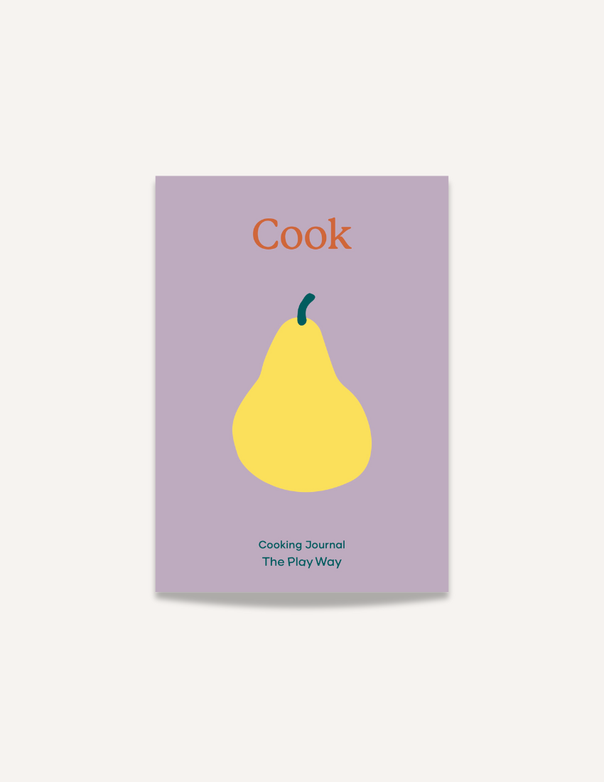 The Play Way Cooking Journal cover features 'Cook' and a yellow pear. This therapist-designed journal helps kids plan meals and explore sensory preferences.