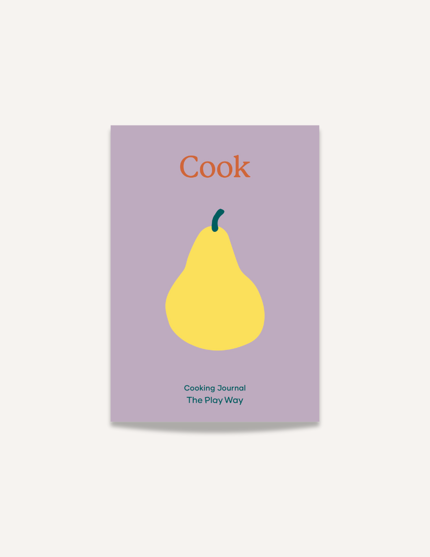 A notebook with a lavender cover featuring an illustration of a yellow pear at its center. The word "Cook" is written at the top in red, and "Cooking Journal: Culinary Adventures The Play Way" is written in blue at the bottom. This Cooking Journal by The Play Way brand is perfect for young chefs.