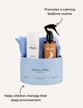 Sensory Play Australia Sleep Set featuring Melo dream oil roller, magnesium spray, and pillowcase to promote a calming bedtime routine.