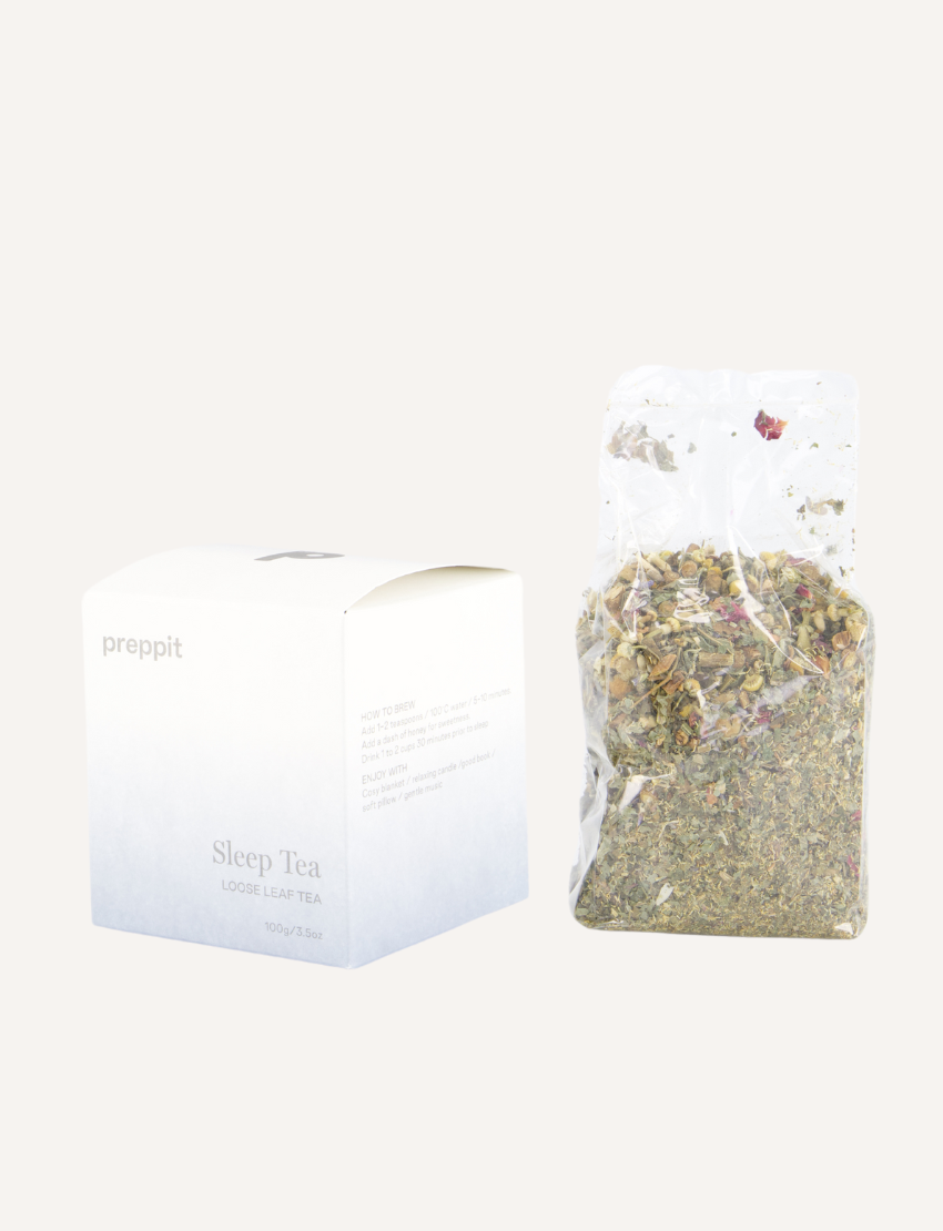 Preppit Sleep Tea box next to a clear bag of loose-leaf sleep tea.