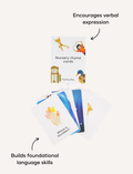 The Play Way Nursery Rhyme Card Set with illustrations helps build foundational language skills and encourages verbal expression for children.