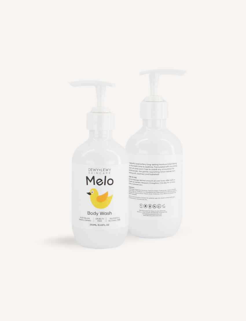 A teal box contains two white pump bottles from The Play Way brand: "Melo Body Wash" with a yellow droplet graphic and "Melo Body Lotion" with a blue droplet graphic. Perfect for sensitive skin, these cruelty-free products come in a minimal design adorned with abstract shapes. This set is known as the Melo Wash Kit.