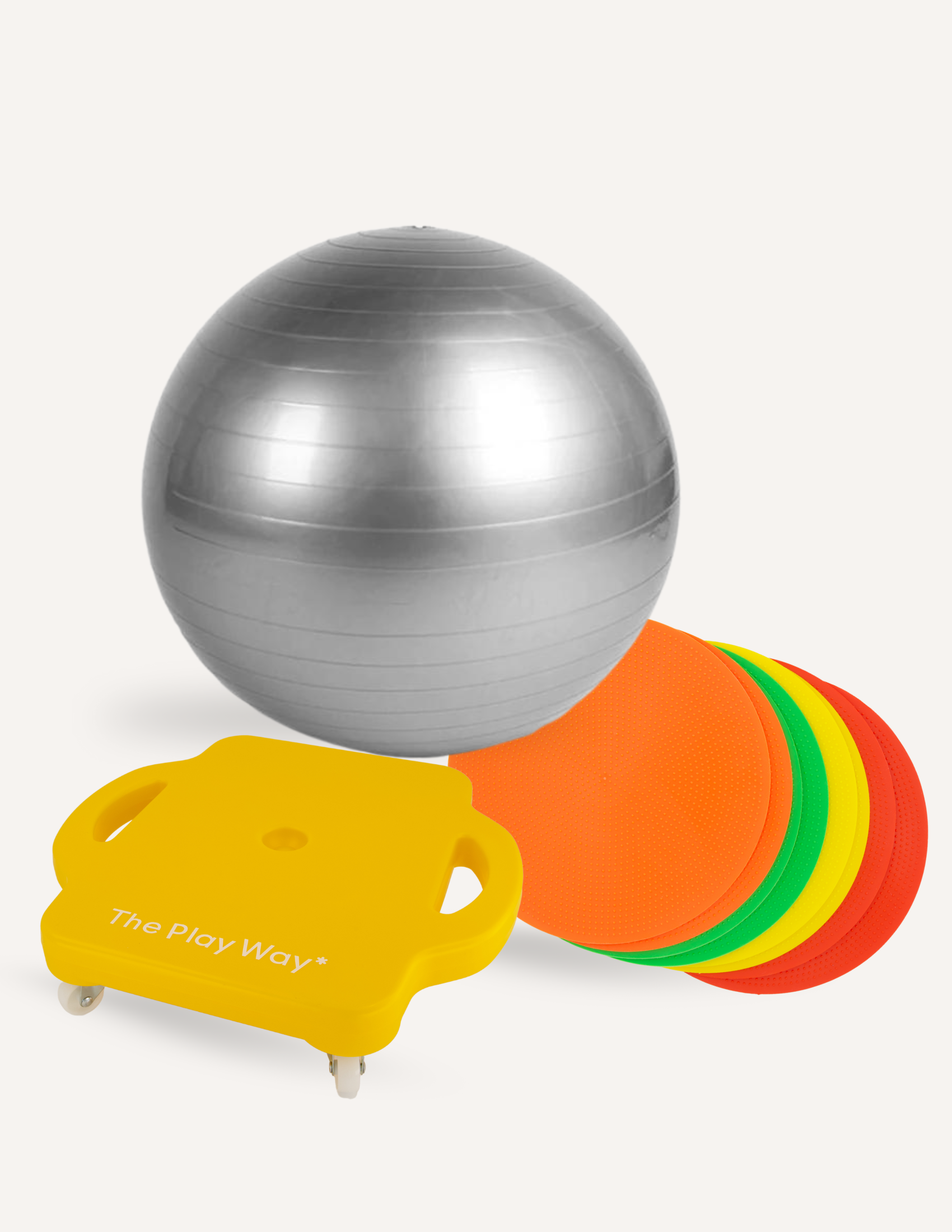 The Motor Skill Development Package by The Play Way includes a silver exercise ball, vibrant round mats in orange, green, yellow, and red, and a yellow wheeled seat. These tools promote movement and gross motor skills essential for classroom success against a plain background.