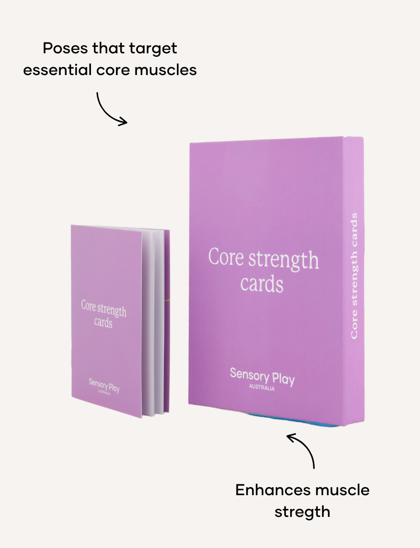 Two stacks of the purple "Core Strength Card Set" from Sensory Play Australia are displayed. One stack is slightly shorter, both showcasing a minimalist design on a plain gray background.