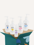 A teal box adorned with colorful shapes opened to reveal the Melo Self-Care Starter Kit by The Play Way, featuring body lotion, body wash, shampoo, conditioner, and detangling spray. Each item is packaged in a white bottle with various illustrations and labeled 