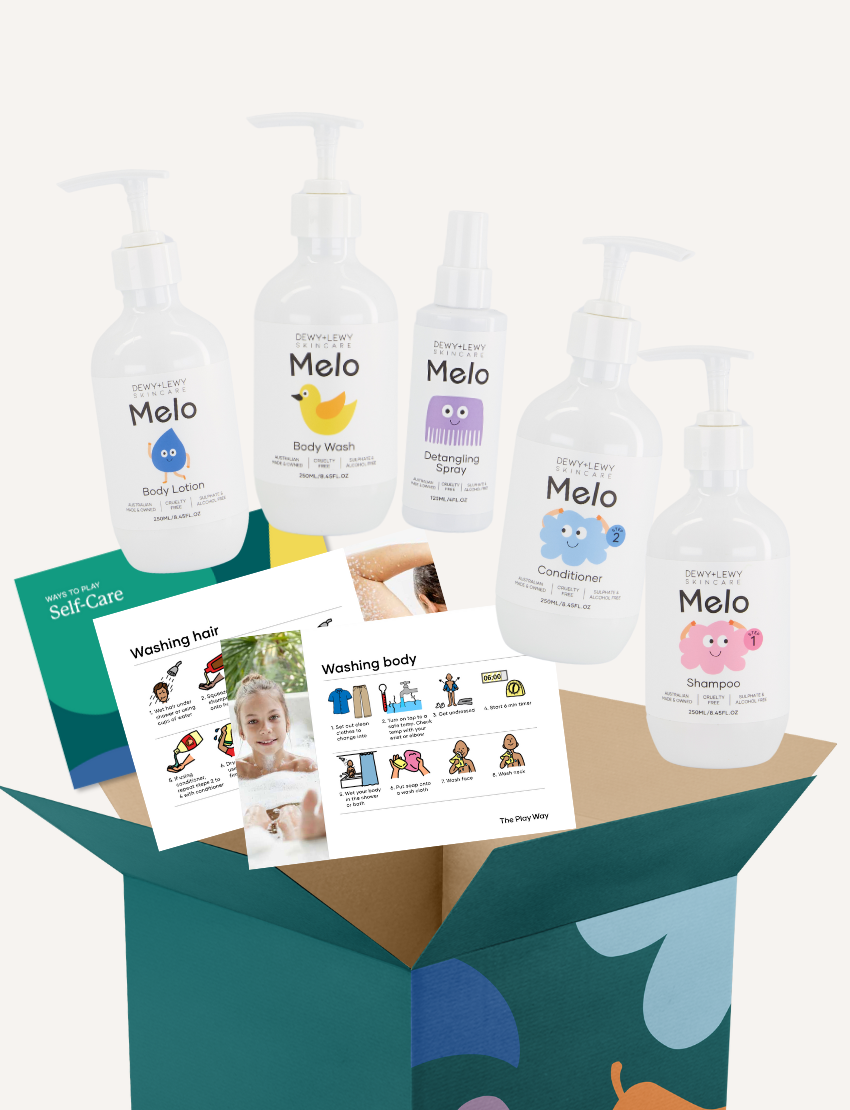 A teal box adorned with colorful shapes opened to reveal the Melo Self-Care Starter Kit by The Play Way, featuring body lotion, body wash, shampoo, conditioner, and detangling spray. Each item is packaged in a white bottle with various illustrations and labeled "Melo.