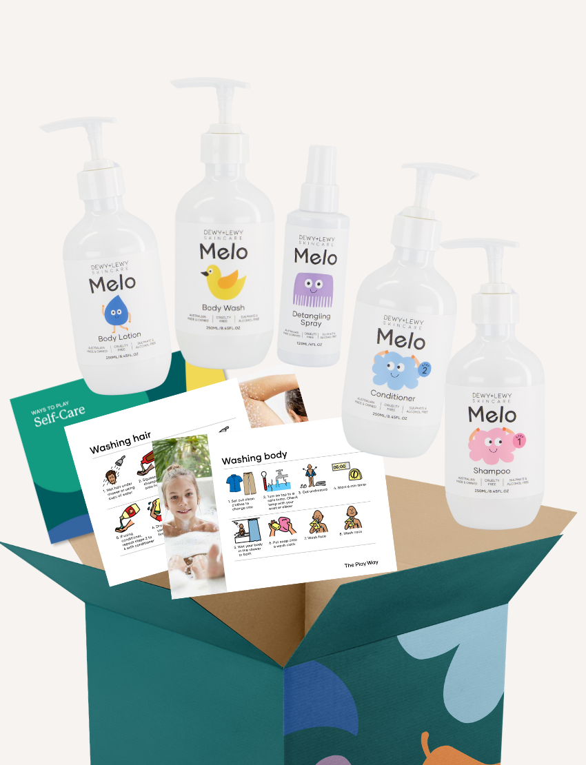 Melo skincare products and 'Ways to Play Self-Care' booklets arranged with 'Washing Hair' visuals.