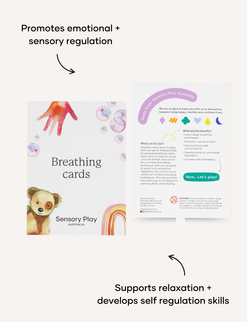 Two boxes of the "Breathing Card Set" by Sensory Play Australia are displayed, intended to improve mindful breathing and self-regulation skills. The larger box features charming illustrations of a teddy bear, rainbow, bubbles, and a hand, while the smaller box mirrors these delightful designs.